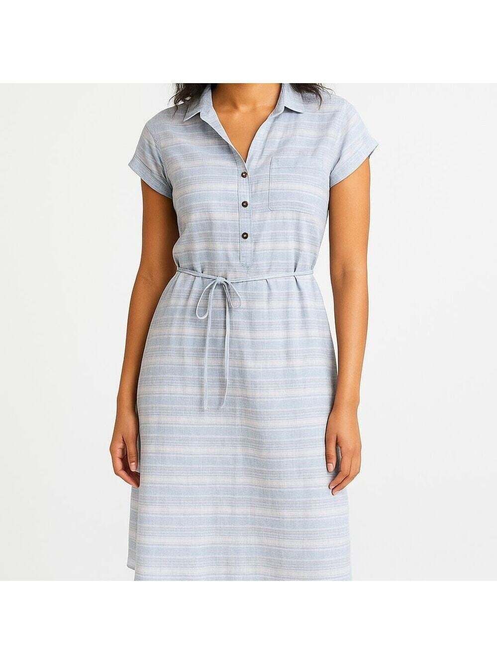 Orvis Linen Dress Womens Small Striped Short Sleeve Tie Waist Summer Coastal